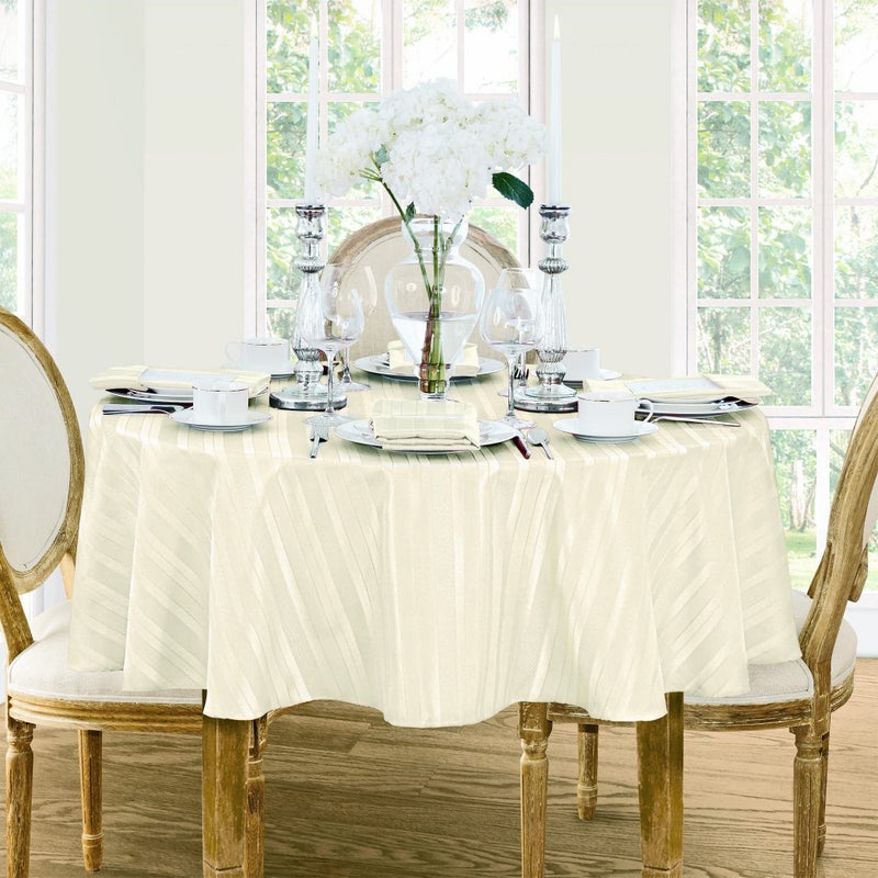 Newbridge 70 Inch Round Ivory Spring and Easter Fabric Tablecloth, Denley Satin Stripe, Heavy Weight No Iron Polyester Holiday Dining & Party Table Cover - Image 1